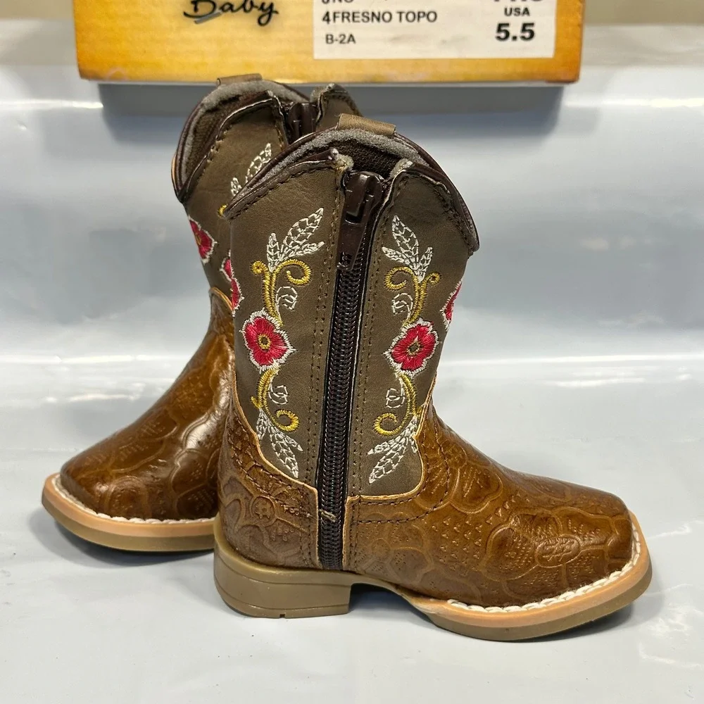Richard West Cowboy Boots Girls 5.5 Brown Floral Embroidered Leather Excellent‎